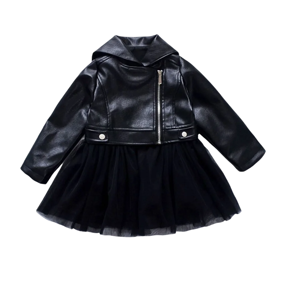 

Baby Girls Splicing PU Leather Outerwear+Mesh Dresses Set For 2-6Years Kids Top Jacket Birthday Party Clothing Children Dresses