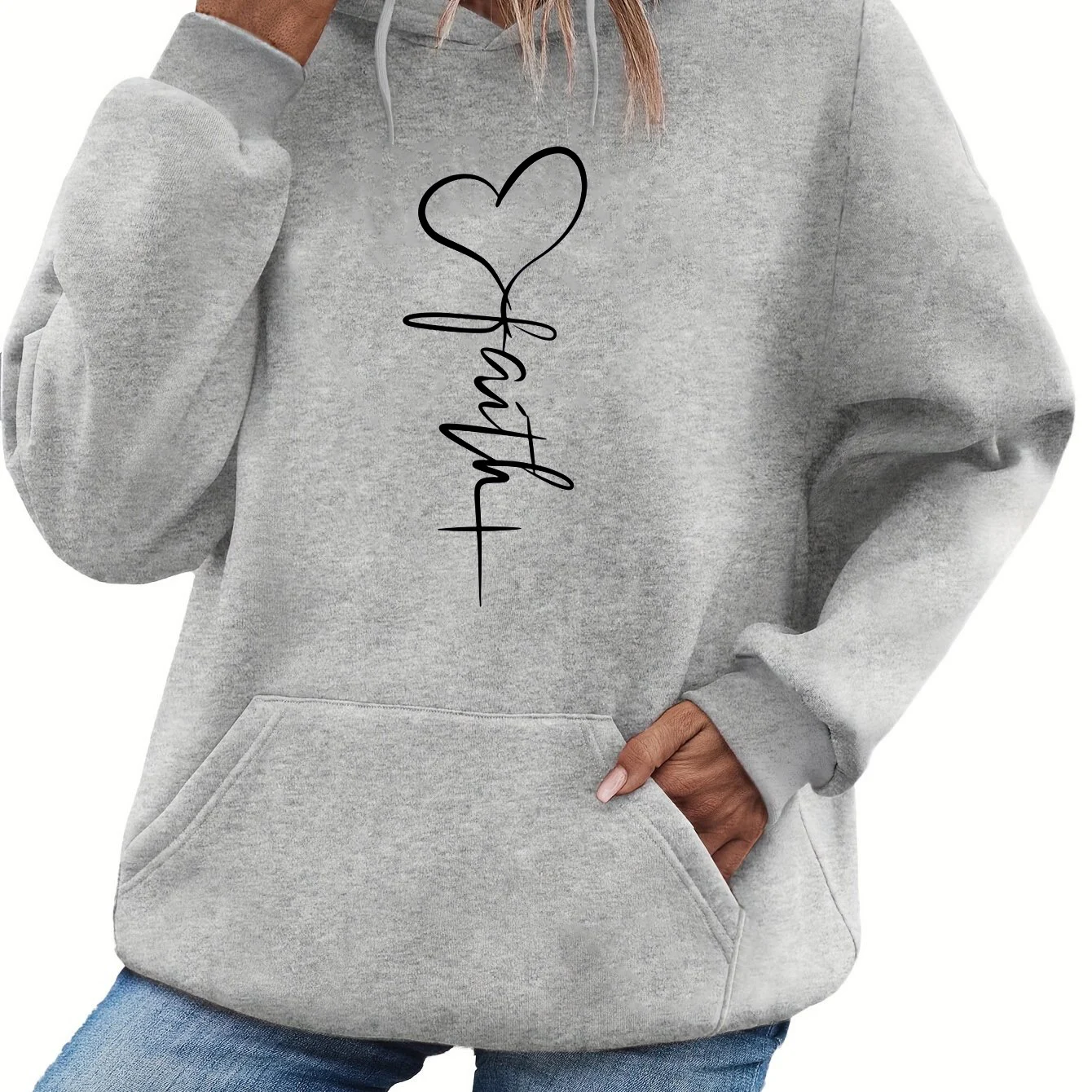 Women's Autumn and Winter Warm and Loose Casual Heart-Shaped Cross Pattern Printed Velvet Long-Sleeved Hooded Sweatshirt