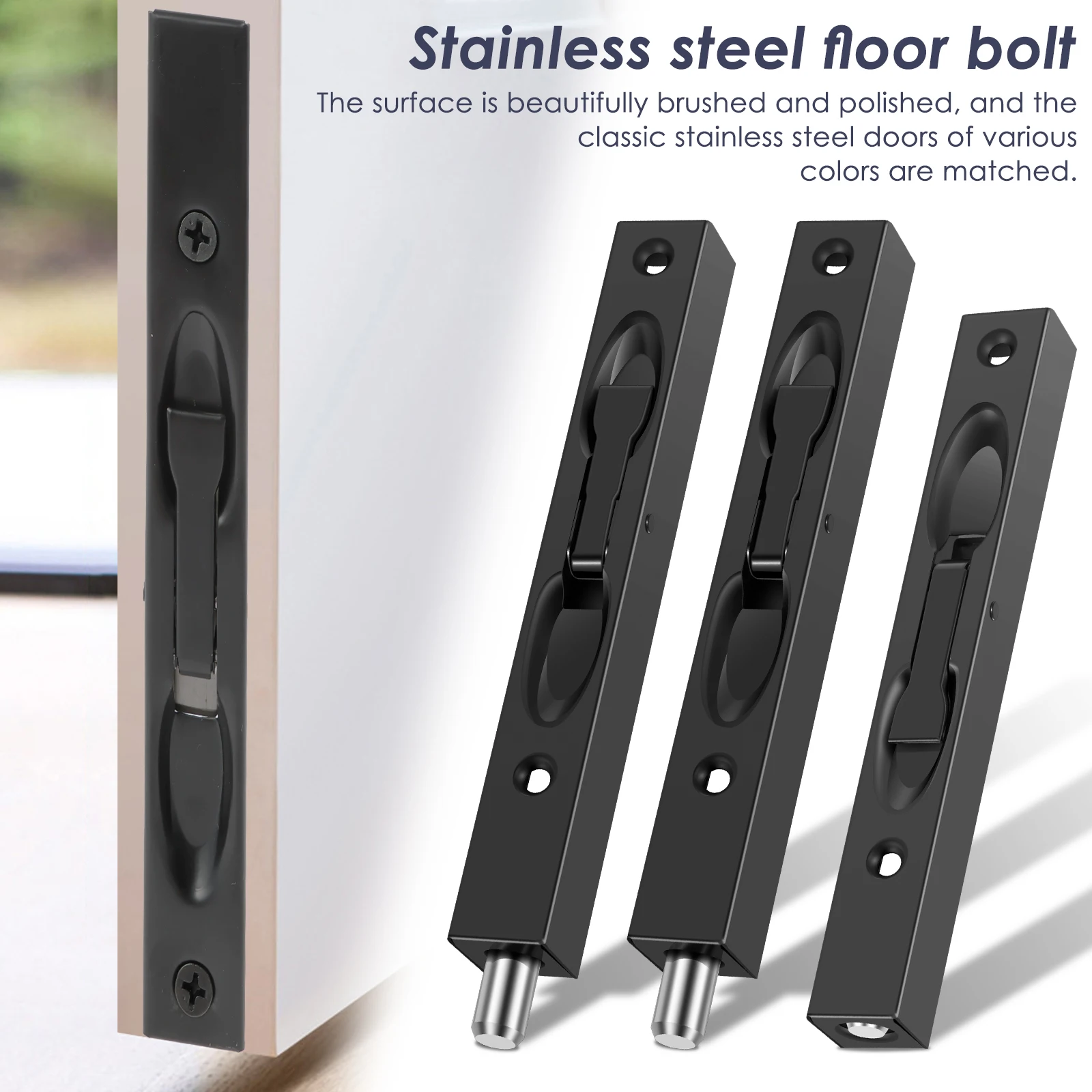 3PCS/Set Flush Bolt Door Lock Stainless Steel Bolt Latch with Wide Thick Handle Security Anti Theft Latch for Sliding Doors
