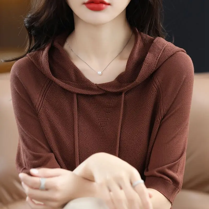 Spring Summer Women Solid Short Sleeve Knit Hoodies Versatile Loose Fashion Sweatshirts Korean Vintage Pullover Casual T-shirt