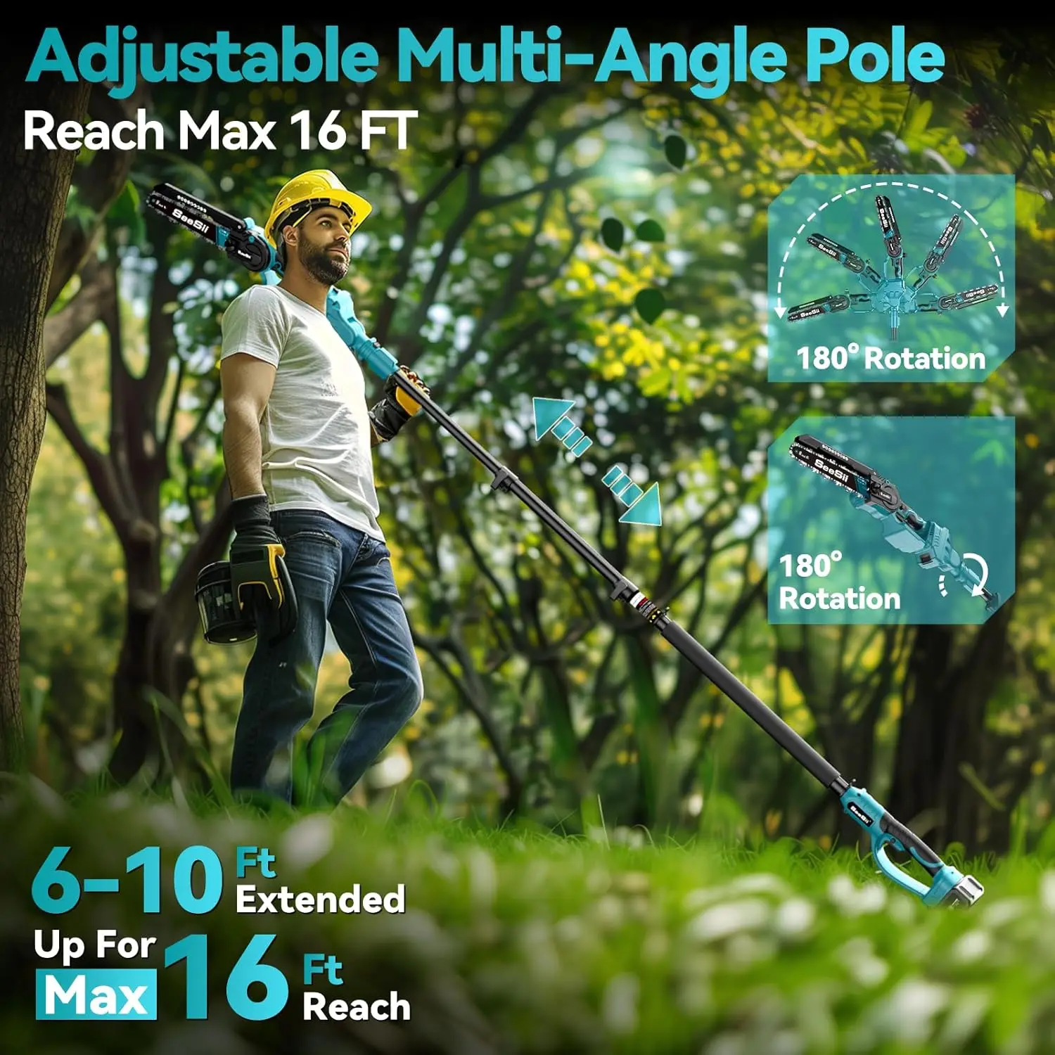 2 in 1 Cordless 8 inch Pole Saw Mini Chainsaw with 2 Battery Power Electric Polesaw for Tree Trimming Chain Saw Extension Pole