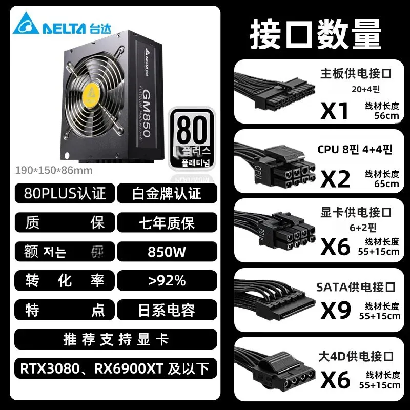델타 850W/1300W 모듈형 파워 서플라이 유닛 80PLUS 플래티넘 인증, 일본산 메인 커패시터, 13.5CM 볼 베어링 팬 탑재