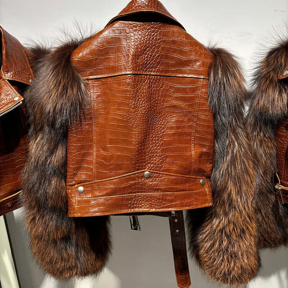 YOLOAgain Real Fox Fur Sleeve Sheepskin Leather Jacket Women Brown