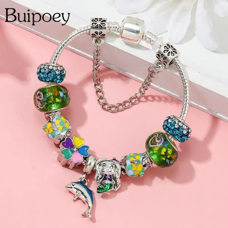

Buipoey Fashion Blue & Green Fish Beaded Crystal Charm Bracelets For Women Fashion DIY Dolphin Pendant Bangle Gifts