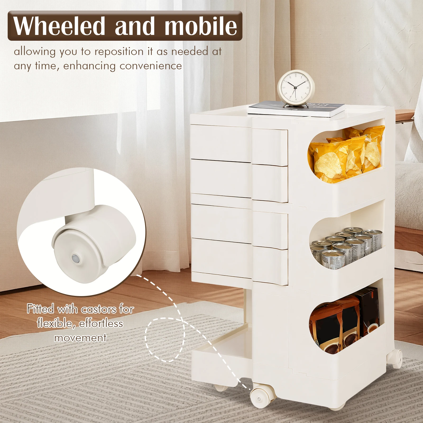 Modern Rotating Trolley with Wheels Movable Utility Trolley Cart Large Capacity Multipurpose Storage Caddy Home Storage Rack
