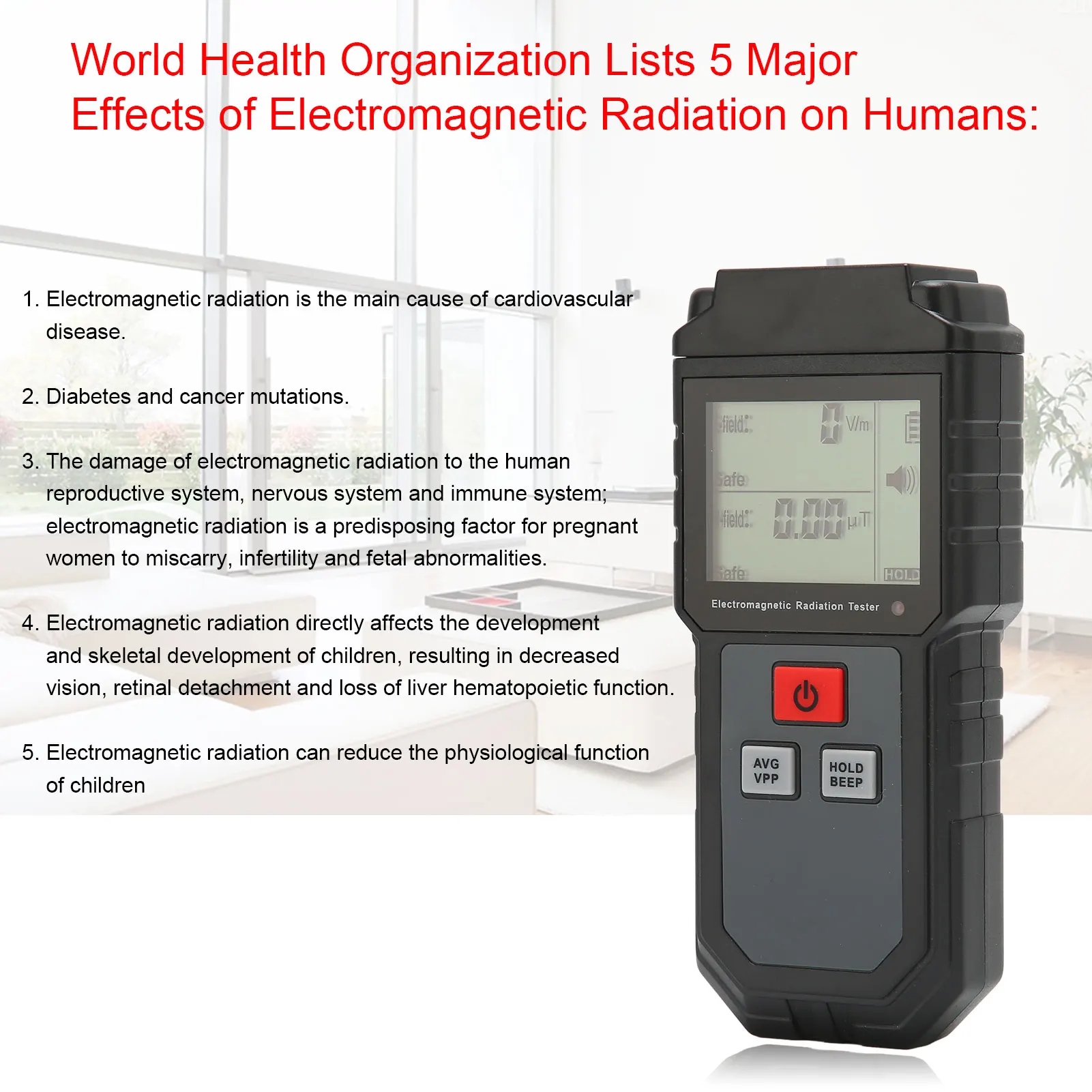 EMF Tester Electromagnetic Radiation Tester 1V/M‑1999V/M LCD EMF Meter with Sound Light Alarm for Home Appliance