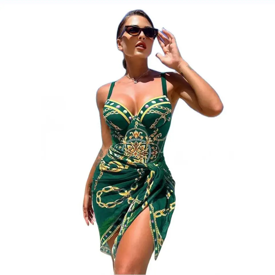 Chic Chain Printed Monokini with Wrap Skirt - Sexy Slim Fit Swimsuit