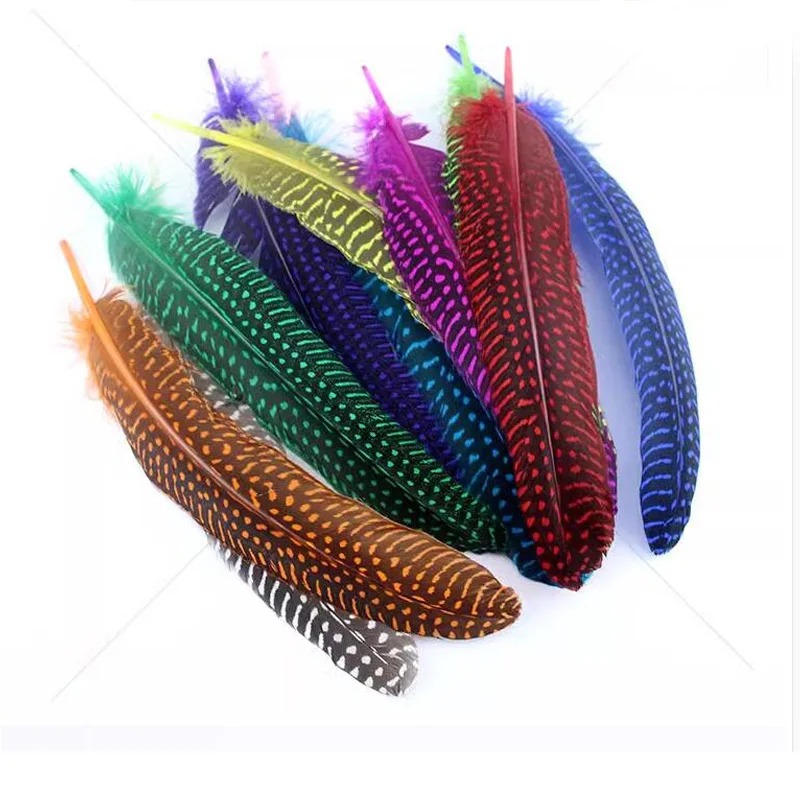 

Plumas! 100pcs/Lot 13-20cm long Loose Guinea Fowl Wing Feathers Spotted Guinea Hen Quills 10 Colours Available