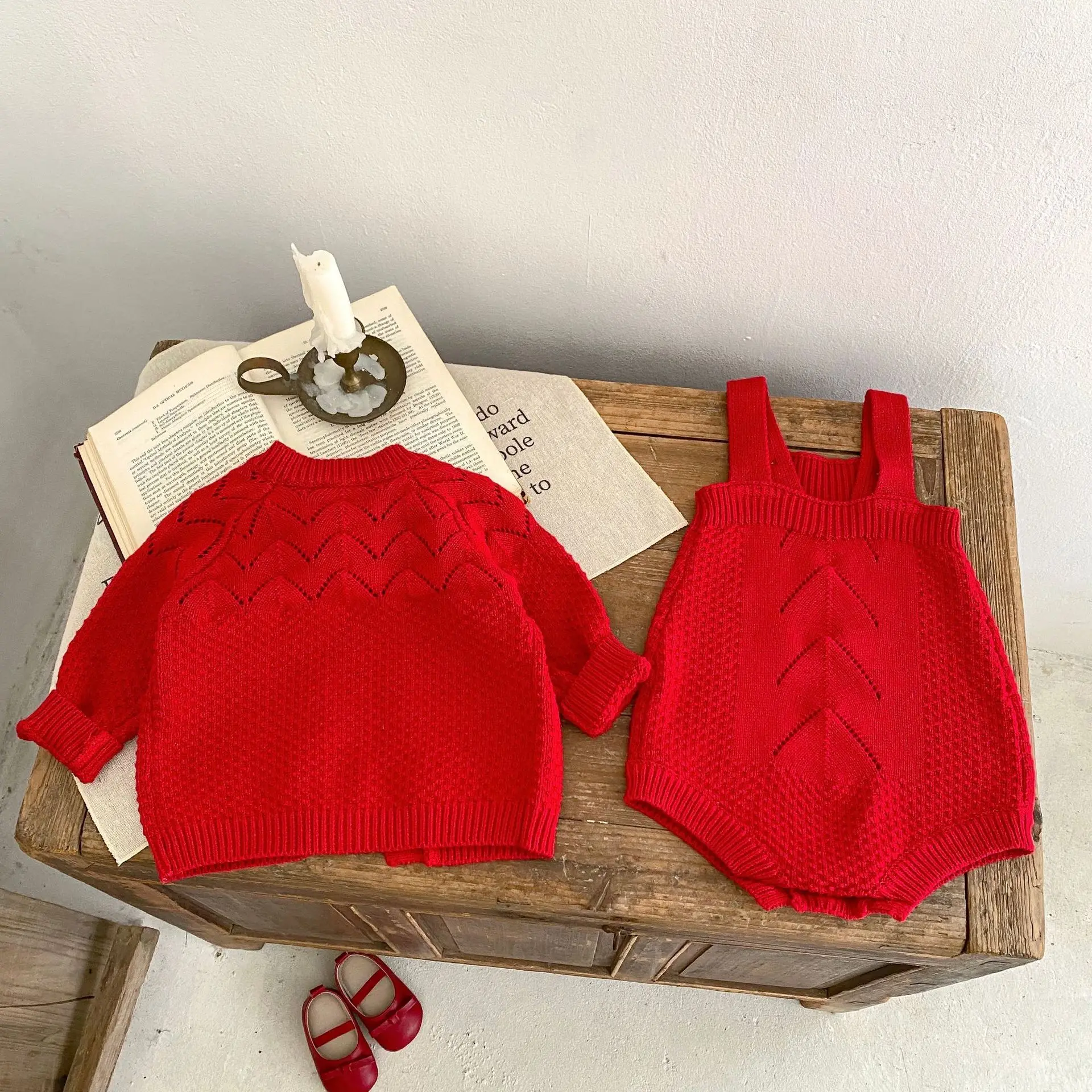 Baby Girls Sweater Spring Outfit Baby Girl Hollow Knit Jacket Solid Color Suspender Knit Sweater 2 Pieces