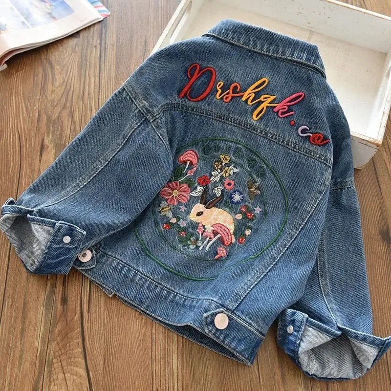 

Girls Bunny Jacket Toddler Fall Clothes Denim Jacket New Fashion Floral Cartoon Embroidery Casual Jean Jackets Teenage Kid Coat