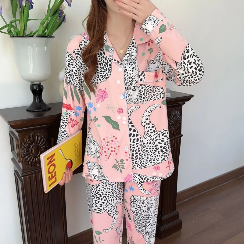Spring Autumn Women's Pajamas Lapel Long Sleeve Cardigan Pants Loose Fitting Casual Jacquard Home Clothing Set Sweet Sleepwear