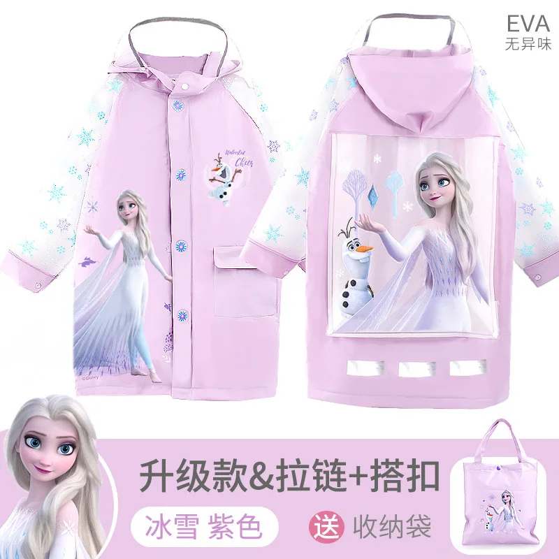 Disney Children's Raincoat Girl with School Bag Student Poncho Zipper Waterproof Coat Girl Princess Baby Fashion Trend Rain Gear