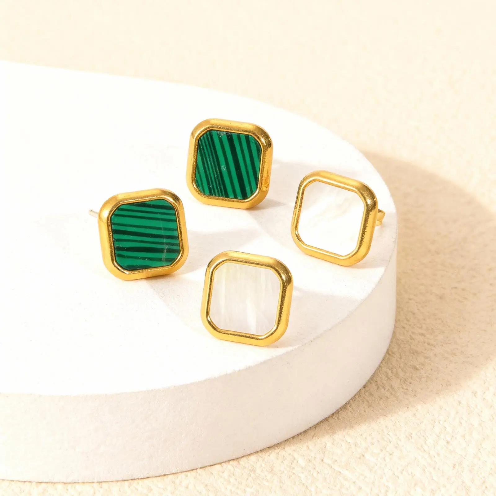 Natural Green Stone Stud Earring for Men Women,Waterproof Stainless Steel Square Metal Stud Earring,Trendy Jewelry Gift