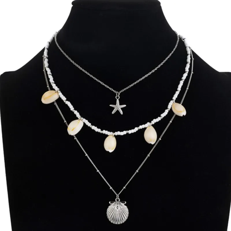 Multi Layered Pearl Shell Starfish Necklace for Women Elegant Lady Handmade Summer Vocation No Rusting Chain Necklaces Jewelry