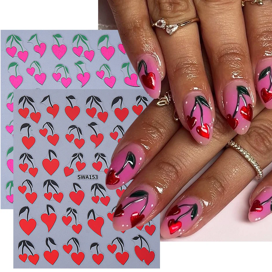 2pcs Valentine's Day Nail Stickers Heart-shaped Cherry Leaves Self-adhesive Nail Decals Sweet DIY Manicure Decoration Sliders