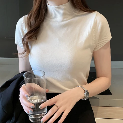 캐주얼 여성 의류 한국 니트 탑 블라우스, 단색 슬림 터틀넥 블라우스, 봄 여름 신상, 8622 2