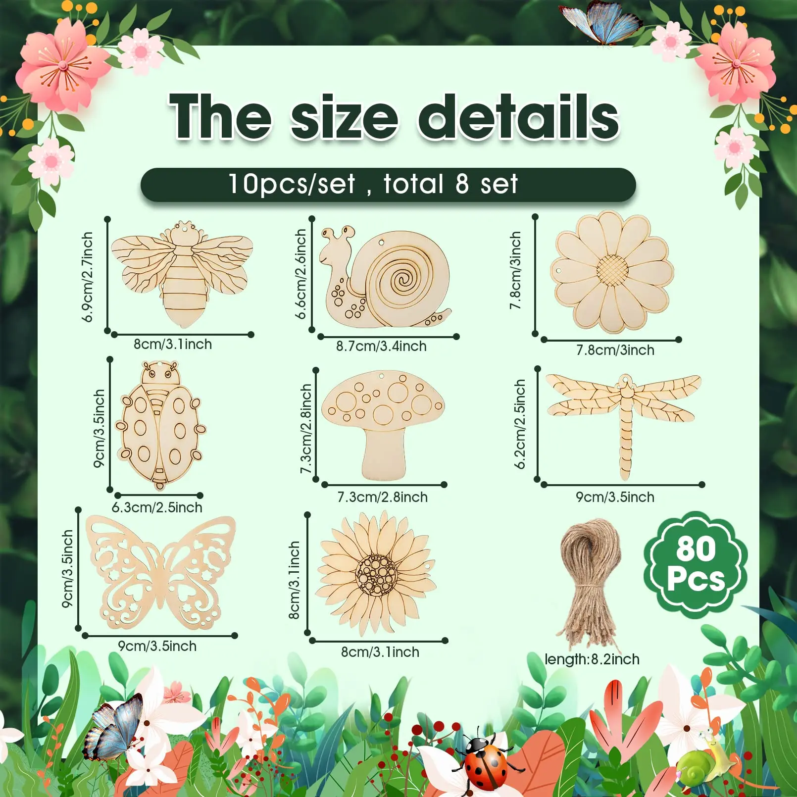 80pcs Unfinished Wooden Cutouts,8 Styles Wood Butterfly Flower Bee Slices,Blank Wooden Paint Crafts Unfinished Wood Cutouts,DIY Wooden Paint Crafts Fo