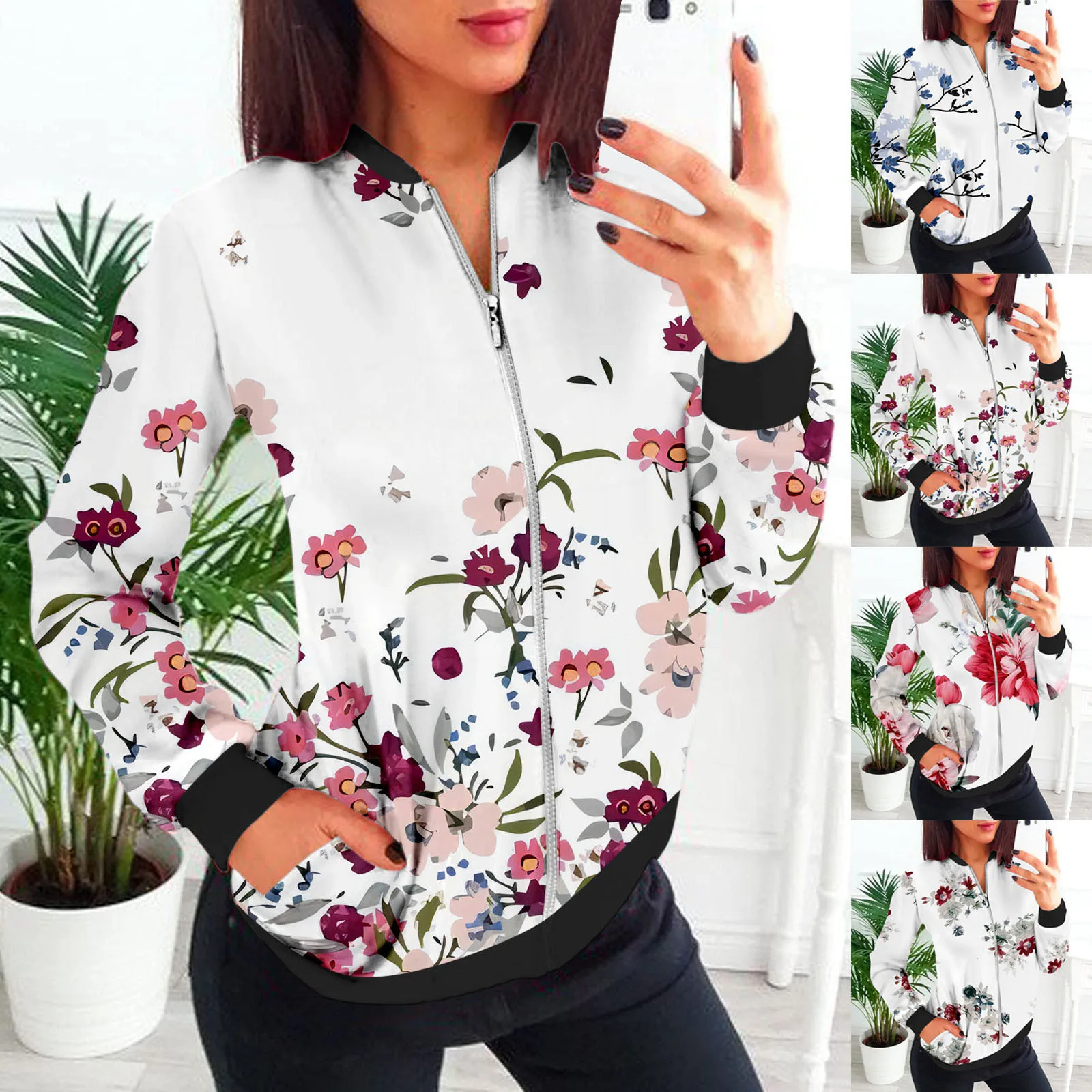 

Women Floral Jackets Spring Summer Long Sleeve Zipper Print Bomber Coat Top Casual Pocket Loose Female Outwears Jaqueta Feminina