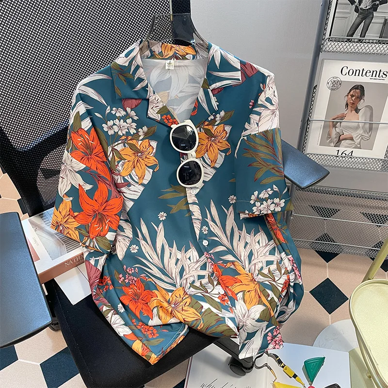 Men Street Fashion Summer Daily Shirt Hawaiian Cartoon Print Casual Loose Shirts Short Sleeve Beach Loose Tops 2