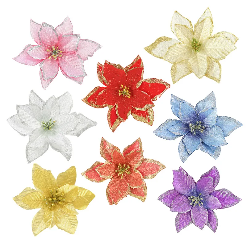 5/10Pcs 13cm Glitter Artificial Flowers For Christmas Tree Decoration DIY Christmas Ornaments Home Wedding Xmas Party Decoration