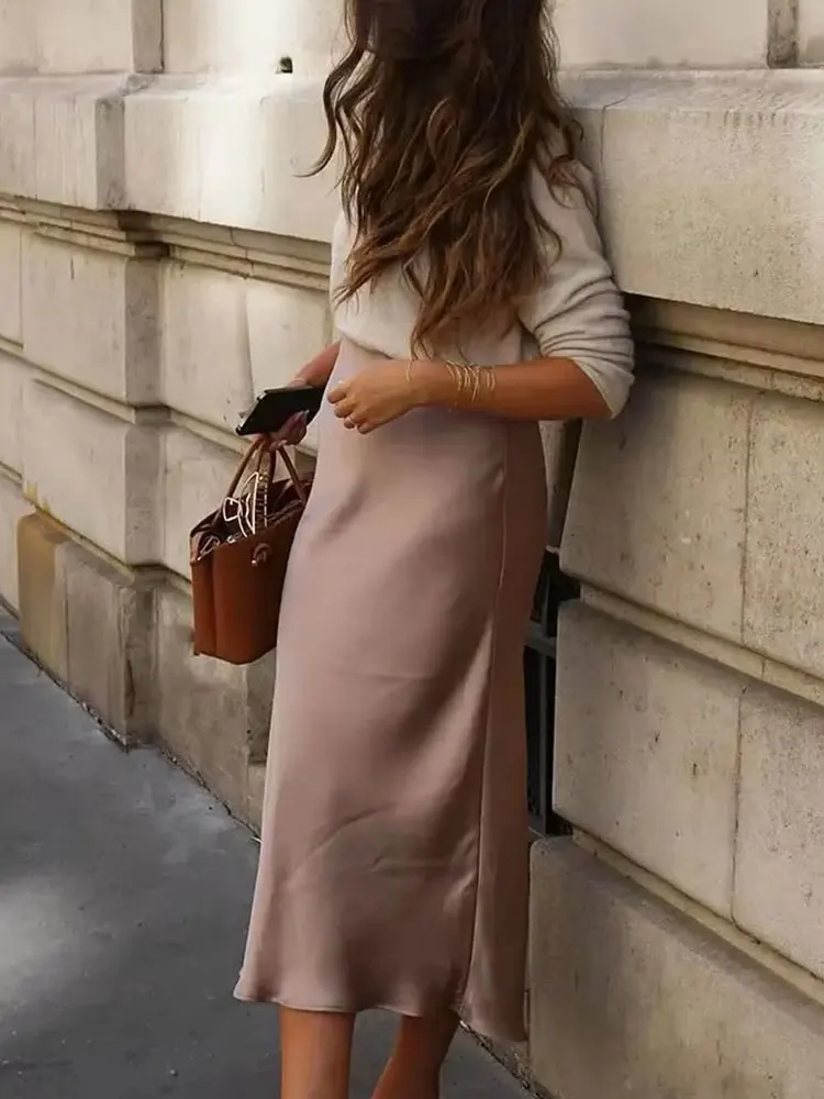 HH Women Elegant Solid Satin Long Skirt Chic Y2K High Waist Slim Skirts Female Fashion Silk Texture Ladies Tight Midi Skirt