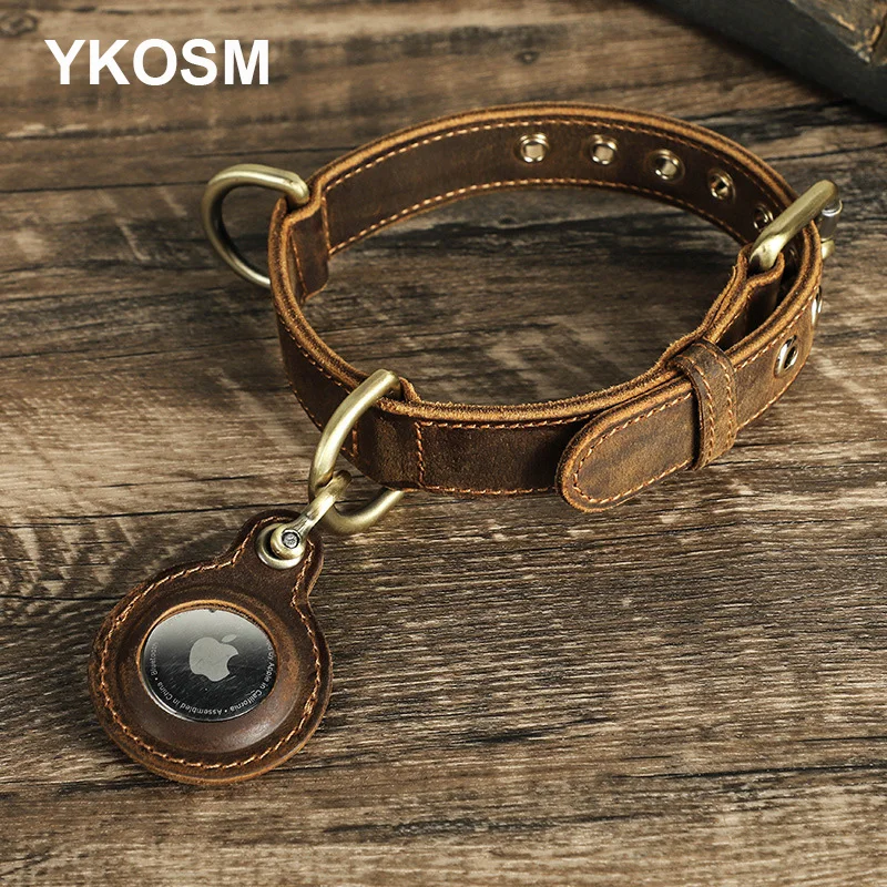 New Luxury Genuine Leather Airtag Collar Crazy Horse Pet Collar For Dog Cat Antilost Adjustable