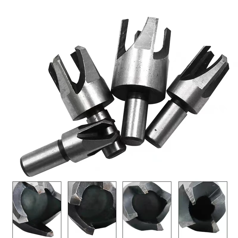 

4pcs Round Shank 3/8"(9.5mm) Carpentry Wood Plug Cutter Four-Tooth Chamfered Cutters Chamfered Hole Drill 6mm 10mm 13mm 16mm