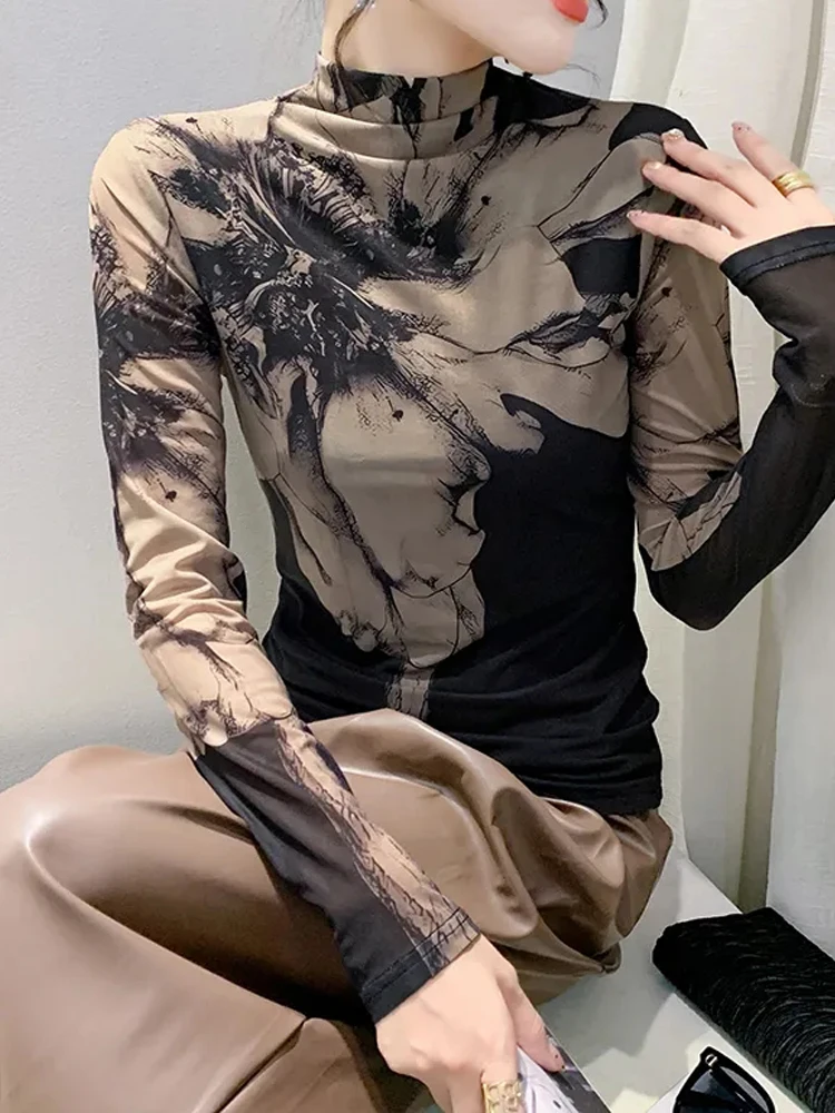 

Элегантная Базовая футболка Winsleter, эластичные футболки с длинным рукавом, Осень-зима, Женская водолазка с позиционным принтом, тонкие сетчатые Топы T30344JC