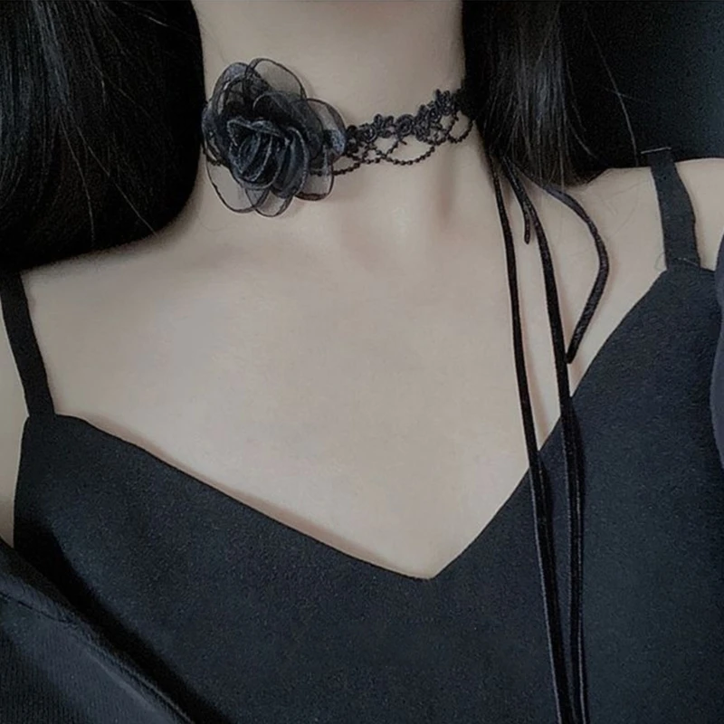 Sexy Neck-Band Necklace Cool Retro-Black Necklace Camellia Lace Choker Collar Chain for Women Girls Jewelry Ornament
