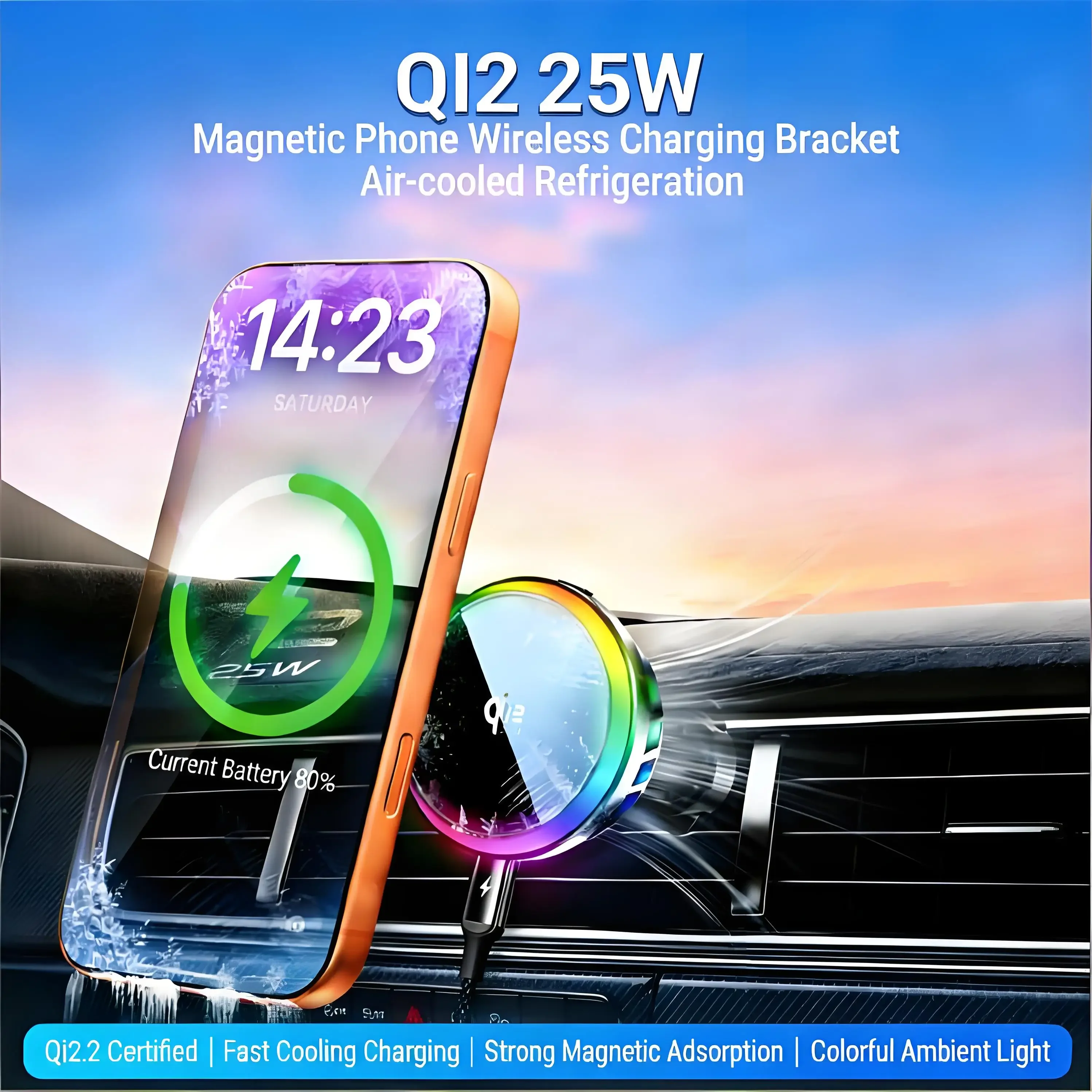 Enhanced Magnetic Wireless Car Phone Holder with Adjustable RGB Lighting and Fast Charging (25W)