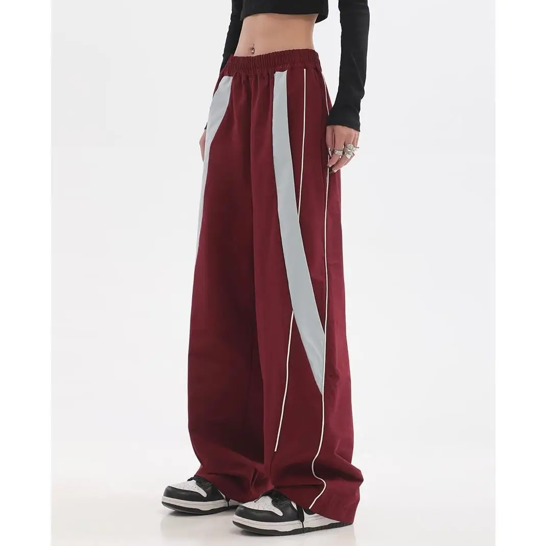 

Vintage Red Fashion Sports Pants Women's Stitching Loose Wide Leg Casual Pants American Sweatpants Couple Shape 2023 New Models