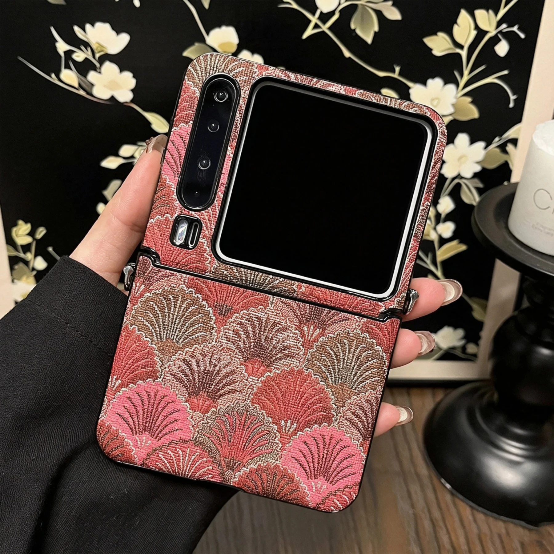 Elegant Red Seashell Pattern Phone Case with Beaded Woven Rope - Shockproof Back Cover