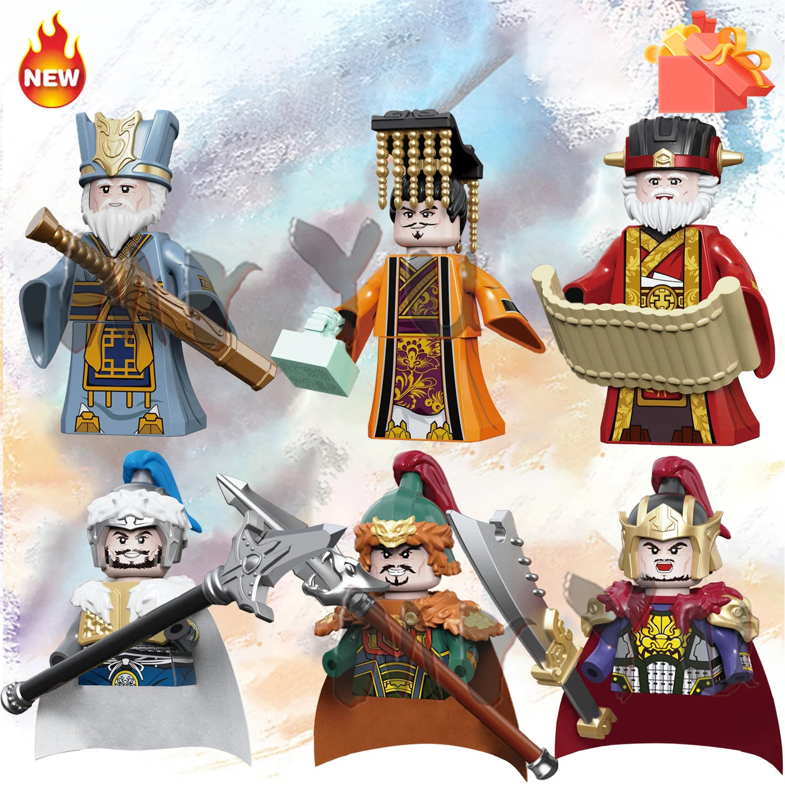 New Three Gods War Chinese History Soldiers Figure Mini Sword Scroll Jade Seal Modello Moc Kids Blocks Toys Gift Boys Girls