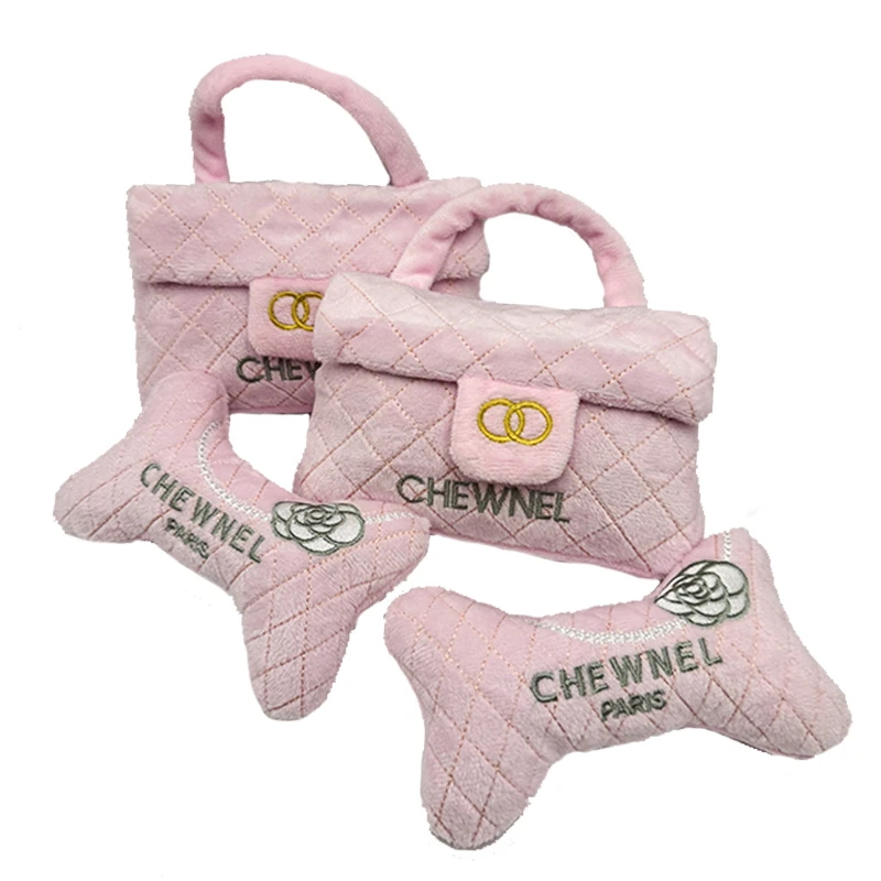 New Arrive Pet Plush Toys Cute Bone Bag Perfume Shaped Bite Chewing Squeaky Toys Luxury Designer Puppy Gift Toy 2