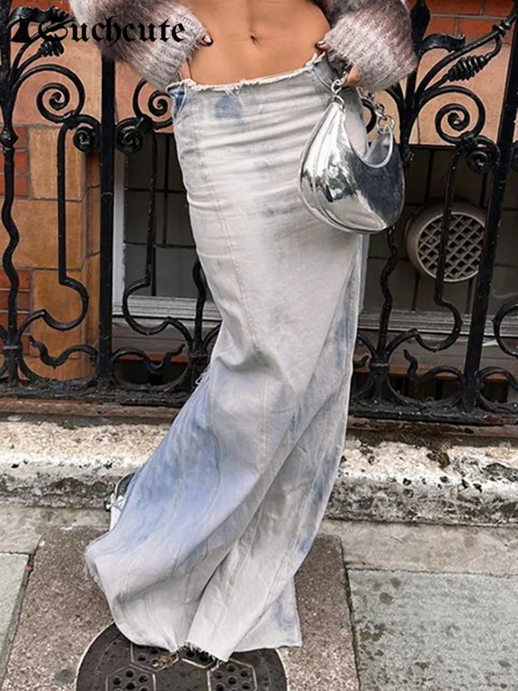 Suchcute Y2k Tiedyed Denim Maxi Skirts Grunge Harajuku Low Waist