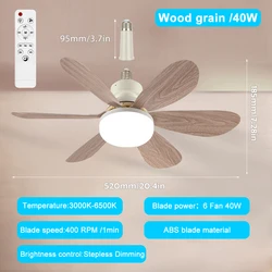 Adjustable LED Ceiling Fan Light with Remote Control - High Wind Power (40W 52cm Woodgrain)
