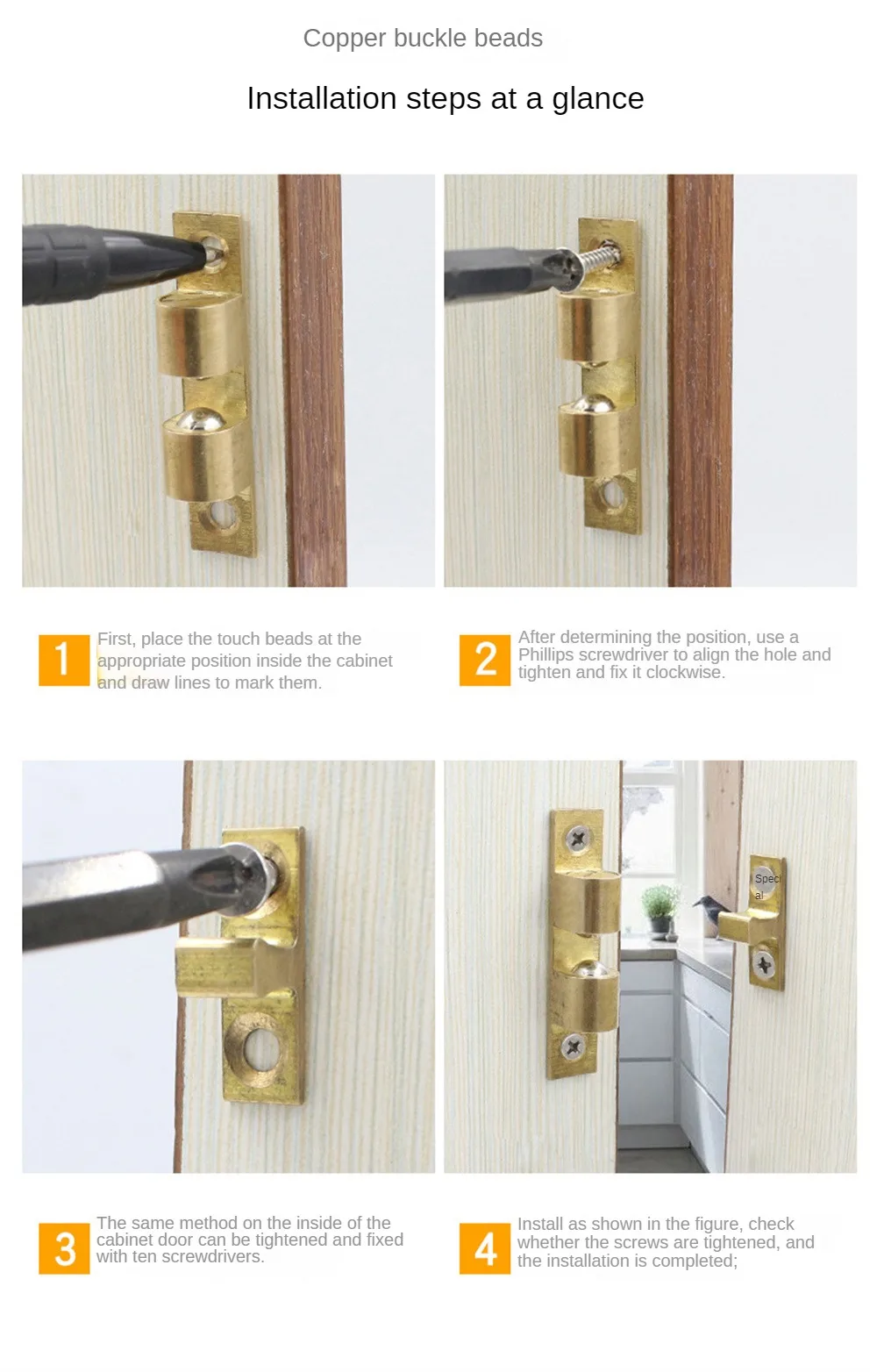 Description Picture 4 of itemCabinet Door Catch Solid Brass Adjustable Spring Ball Furniture Door Closer with Free Screws 40mm/50mm/60mm/70mm