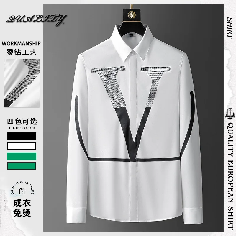 

High Quality Rhinestone Letter Shirts Men Long Sleeve Business Casual Dress Shirt Slim Streetwear Social Nightclub Chemise Homme