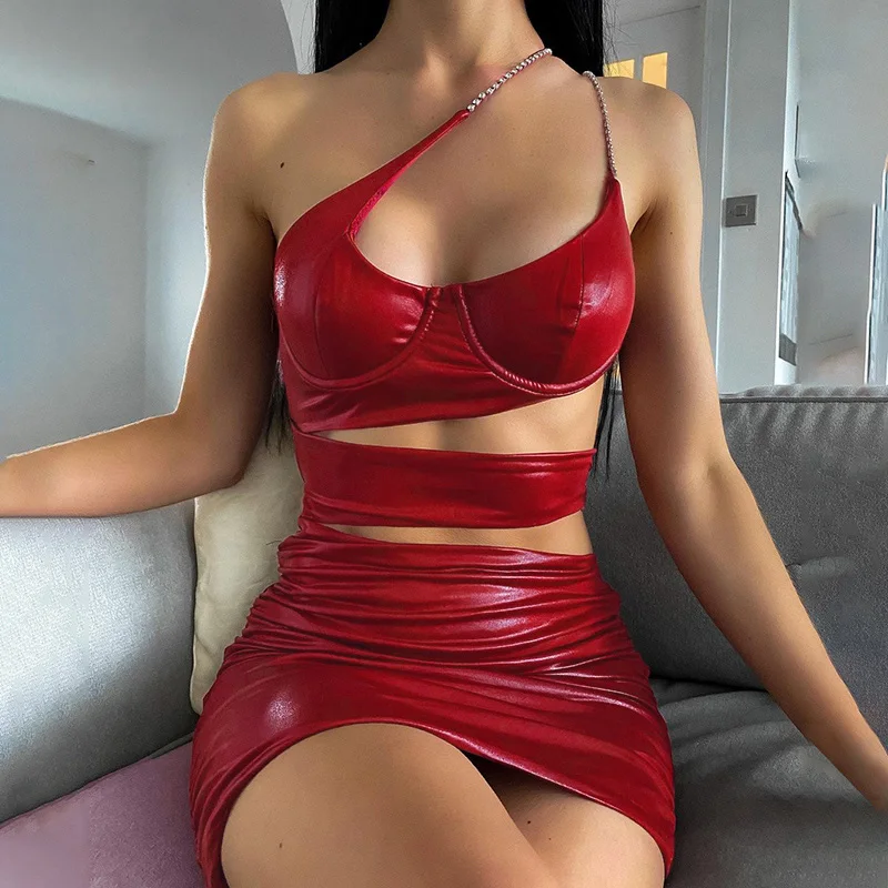 Hawthaw Women Sexy Hollow Out Party Club Bodycon Pu Leather Black Red One Shoulder Mini Dress 2022 Summer Clothes Streetwear mother of the bride dresses