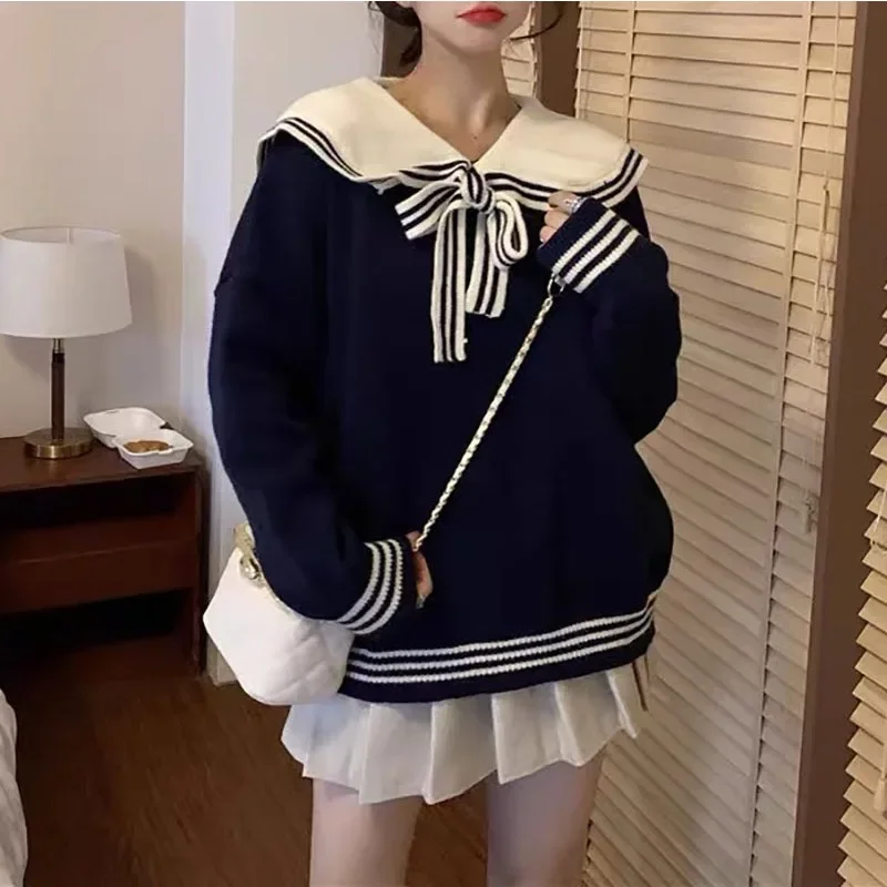 

New Vintage Knitted Sweater Women Sailor Collar Pullover Preppy Style Lace Up Loose Autumn Winter Female Jumper Casual