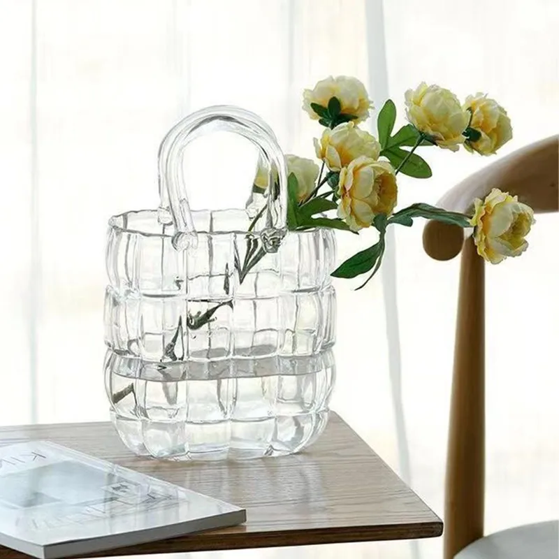 Purse Vase Handbag Vase Clear Wide Mouth Glass Bag Flower Pot Aquatic Plant Fish Tank Garden Office Wedding Home Table Decor