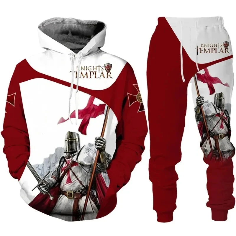 2023 New Men's retro Knight Templar Armor Hoodie 3D Printed Men Hoodies Leisure sportswear sports pants Two-piece set Suit