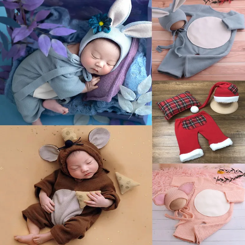 

1 Set Newborn Photography Props Costumes Long Rabbit Ear Baby Hat+Romper for Newborn First Christmas Photo Shooting Outfits