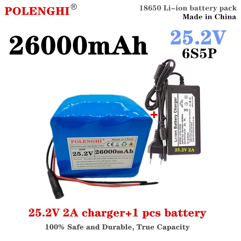 Литиевый аккумулятор POLENGHI 24 В/25,2 в 6s5p 18650, аккумулятор 26000 мАч 350 Вт, литий-ионный Электрический велосипед со встроенным BMS + зарядным устройством