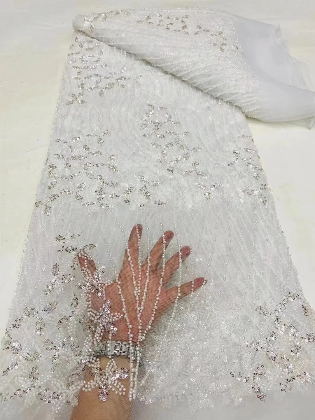 

French Groom Lace Fabric 2024 High Quality Lace African Tulle Sequins Lace Fabric Nigerian Beaded Lace For Women Wedding Dresses