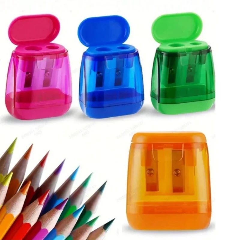 Set di 4 affilapenne a doppio foro con coperchio e contenitore per scarti, affilapenne manuale portatile per matite colorate - immagine 6