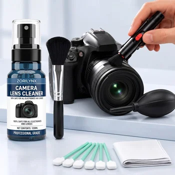 Kit professionale per la pulizia degli obiettivi fotografici: soffiatore d'aria antigraffio e panno in microfibra per DSLR, sensori e schermi PC. Portatile e Sicuro