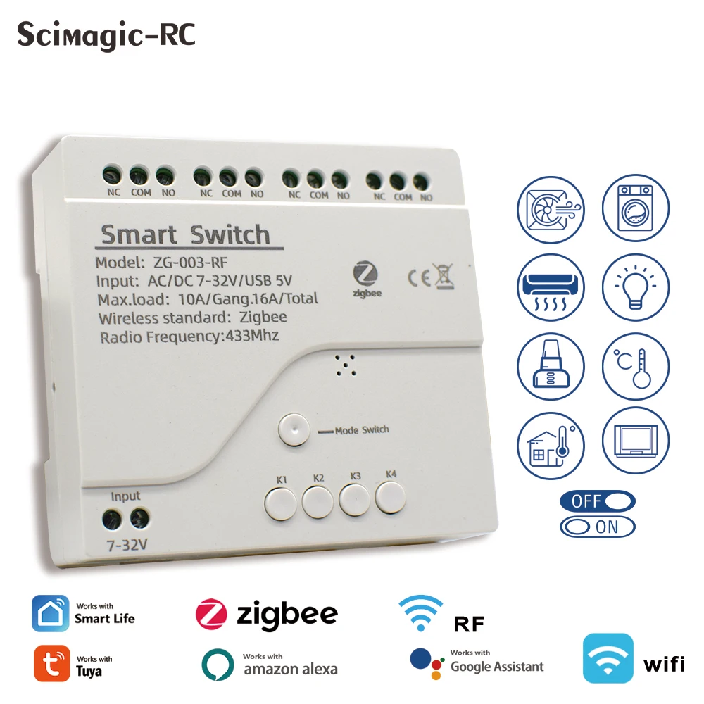 1/2/4CH Zigbee Smart Light Switch Module 5/12/32/110V RF433 Receiver 10A Relays Work with Alexa Google Assistant Tuya Smart Life