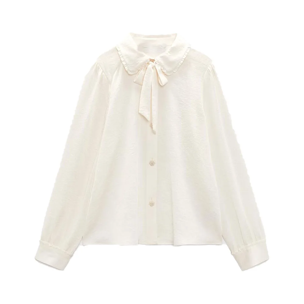 

Zach AiIsa's new women's all-match sweet and age-reducing doll collar long-sleeved button-down bowknot draped shirt top