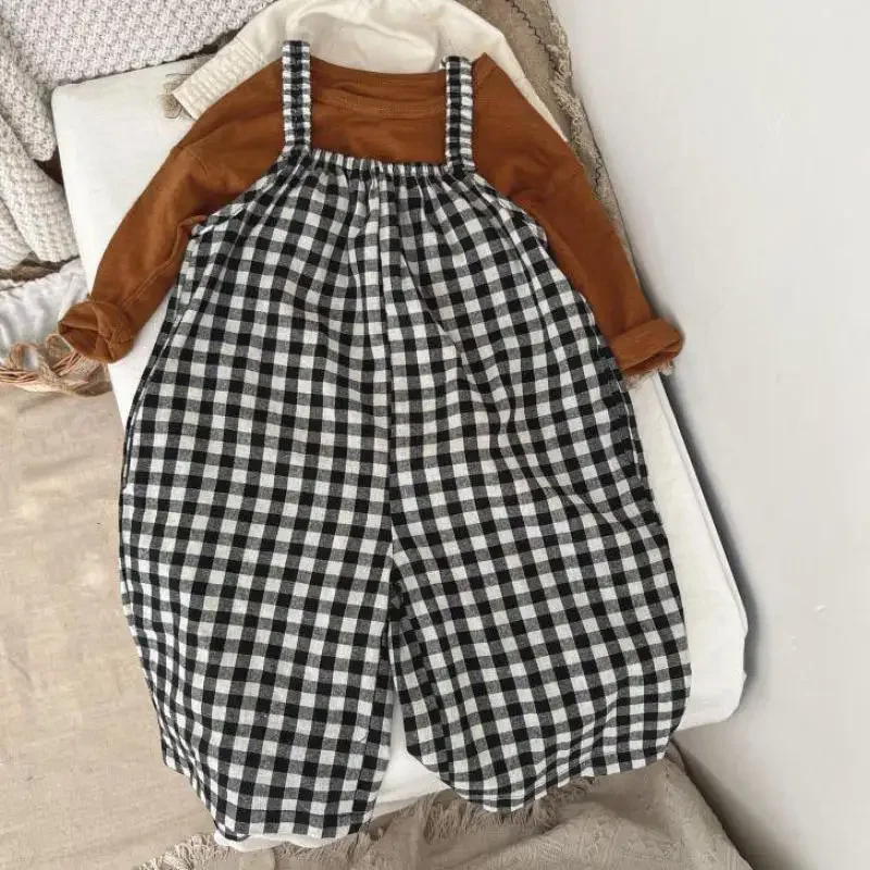 

2-9Y Kids Overalls Summer Girls Cotton Jumpsuits Cropped Pants Plaid Loose Casual Soft Children Outfits Clothes Hw46